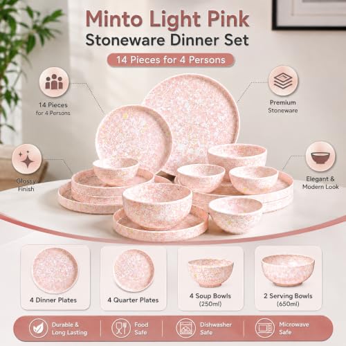 Image of MARKET 99 Minto Light Pink Stoneware Dinner Set, 14 Pieces for 4 Persons with 4 Dinner Plates, 4 Quarter Plates, 4 Soup Bowls (250ml) & 2 Serving Bowls (650ml), Glossy Tableware