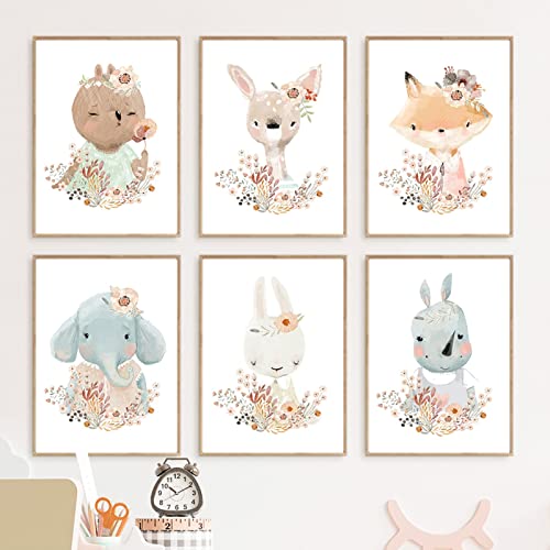 Lot de 6 Toiles D'Art Murales Pour Chambre de Bébé Éléphant Cerf Renard Lapin Rhinocéros Affiches et Imprimés Nordiques Photos Murales Pour Chambre de Fille Décoration D'Intérieur-40X50Cm (Sans Cadre)