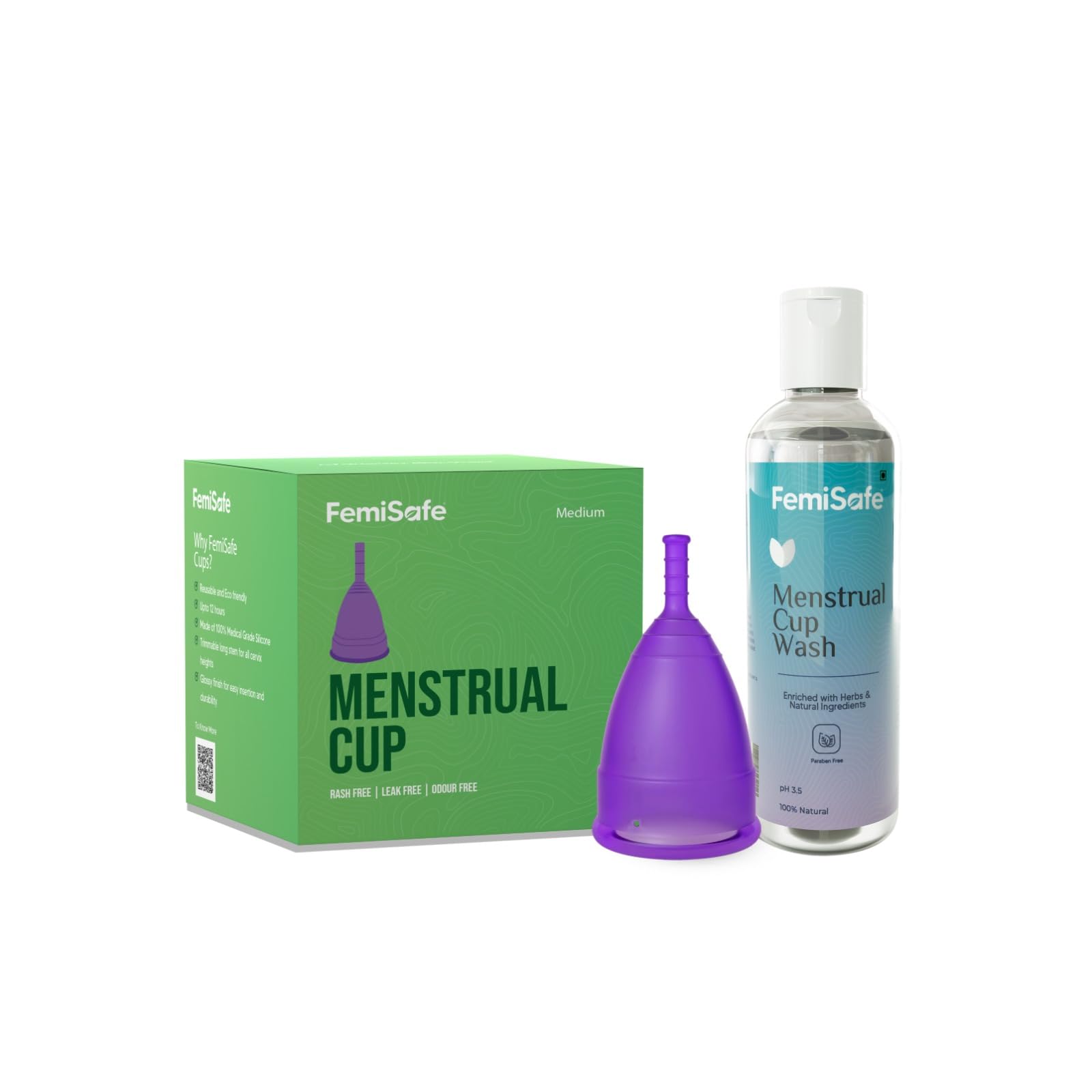 FemiSafe Menstrual Cup Combo for Women | Medium Size Reusable Cup with Pouch & Herbal Menstrual Cup Wash (100ml) | Gentle & Natural Hygiene Care | BPA-Free & Rash-Free