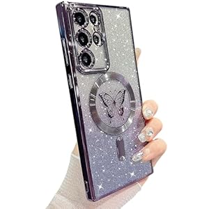 for Samsung Galaxy S22 Ultra Case Magnetic,Soft Cute Luxury Butterfly Plating Bling Gradient Glitter Clear Phone Case Compatible with MagSafe for Women Girl Shockproof Back Cover 6.8”-Purple