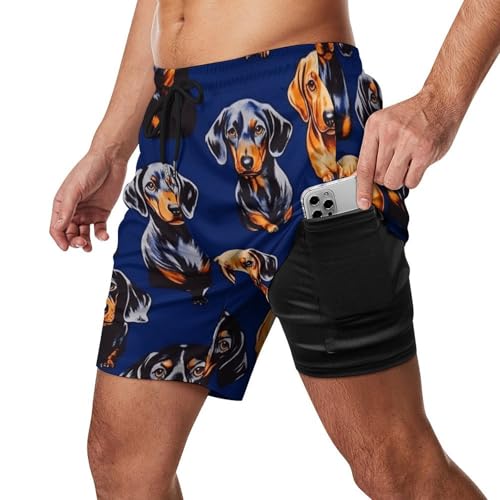 Dachshund Dog Print Blue Mens Swim Trunks Quick Dry Beach Shorts with Compression Liner and Pocket2