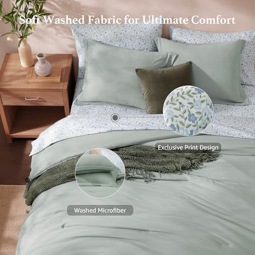 Monbix Full Size Comforter Set - 7 Pieces Sage Green Prewashed Bed in a Bag Full Bedding Sets with Comforters, All Seasons Ultra Soft Comforter Bed Set with Sheets,Pillowcases & Shams