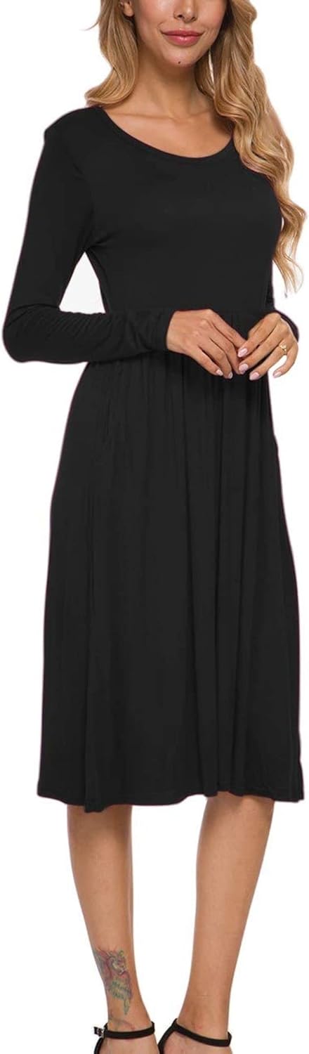MISFAY Women's Long Sleeve Midi Dress Loose Casual Empire Waist Dresses with Pockets - Image 3