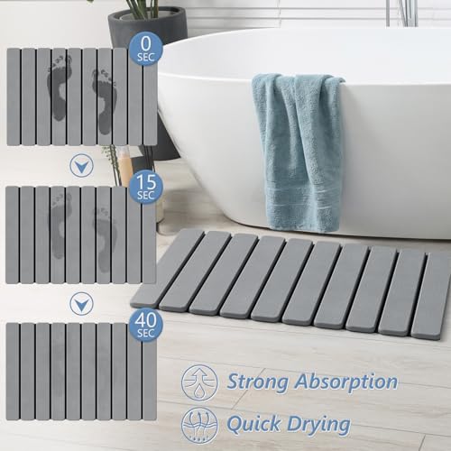 Image of AWW Foldable Stone Bath Mat, Quick Dry Diatomaceous Earth Bath Mat with Non-Slip Mat, Super Absorbent, Easy to Clean, Compact for Small Bathrooms, 23.6 x 15.5, Grey