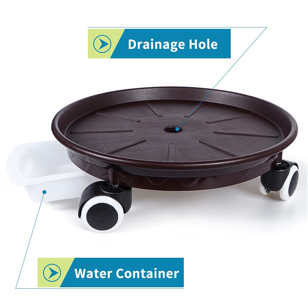 Skelang Lot de 2 caddies pour plantes de 34 cm, palette avec tiroir à eau, roulettes pour déplacer des pots de fleurs, jardinières, plantes en pot, capacité de charge 81,6 kg (marron)