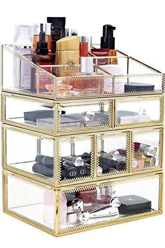 minopigo Antique Spacious Mirror Glass 6Drawers Vanity Tray Set/Gold Metal Cosmetic Makeup Storage/Stunning Jewelry Cube Organizer. It Consists of 4Separate Organizers Dustproof