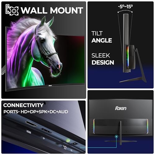 Image of Foxin Phantom 24 inch (59.94 cm) 1800R Curved Gaming Monitor, FHD 1920x1080p, 250Nits, 200Hz, 1ms, Adaptive Sync | 99% sRGB | HDMI & VGA Ports | RGB Backlight, 3W x 2 Speakers | Wall Mountable | Black