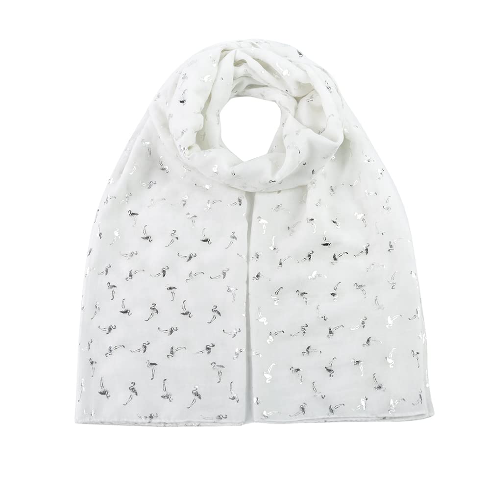 London Scarfs New Ladies Women's Glitter Foiled Flamingo,Swallow Birds & Butterfly Print Scarfs (Glitter Flamingo White)