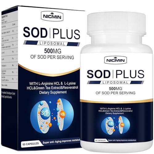 Superoxide Dismutase Supplement 500mg - SOD Plus with liposomal glutathione AKG Green Tea Extract L-Arginine Lysine Resveratrol and Vitamin E for Immune Support Antioxidant 60 Capsules