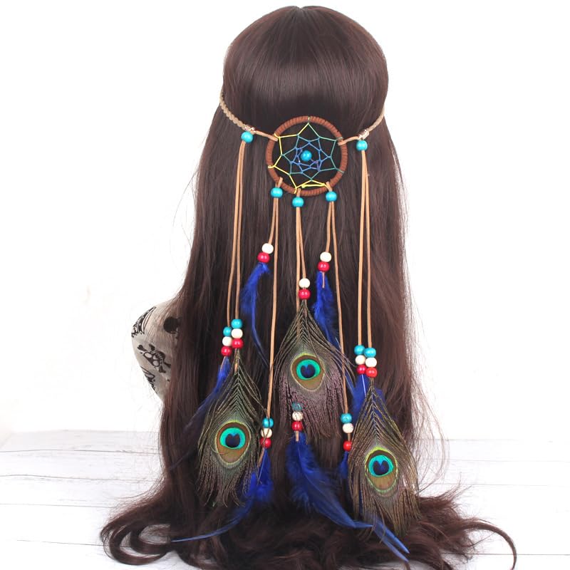 Miniatura 1 de Diadema de plumas turquesa bohemia, tocado indio gitano, atrapasueños, plumas hippie con plumas de pavo real azul, cuerda de cáñamo larga con borla