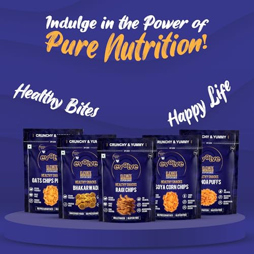 Image of Evolve Chips Combo - Healthy Snacks for Kids, Adults | Baked Bhakarwadi, Ragi & Oats Chips, Quinoa Chips, Soya Corn | Fresh, Roasted, No Artificial Colors - 100g Pack of 5
