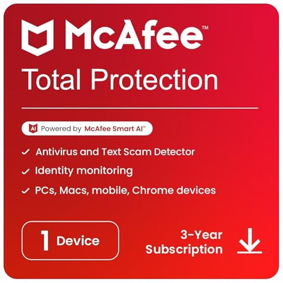 McAfee Total Protection 2025 | 1 Device, 3 Years | Antivirus Internet Security Software | Scam Protection & Identity Monitoring Included | PC/Mac/Android/iOS | Email Delivery