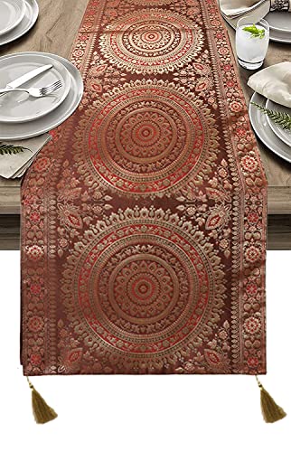 Image of Diwali Decor Brocade Jacquard Silk Table Runner Long Runner for Dinning & Centre Table Mandala Print 72 x 16 Inches (Coffee Brown)