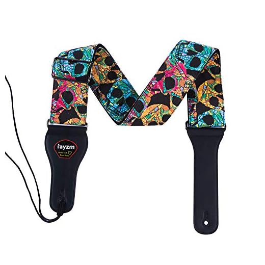 Rayzm Correa de la Guitarra y Bajo, Correa Grande de Algodón para Guitarra Acústica/Eléctrica/bajo con Bolsillo para Púa y Diseño de Calaveras, 6,5cm de Ancho, Longitud Ajustable de 97 a 154cm.