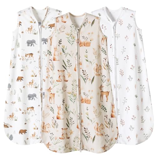 Image of PHF 100% Organic Cotton Baby Sleep Sack 12-18 Months, Soft Lightweight Wearable Blanket for Babies, 2-Way Zipper 0.3 TOG Comfy Toddler Sleeping Sack 3 Pack for Boys Girls Neutral, Woodland (Large)