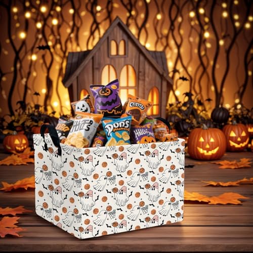 Image of Large Halloween Basket Gift Cute Ghost Parties Decor Kid Trick or Treat Basket for Boys and Girls Rectangular Storage Bin Box (Ghost Basketball)