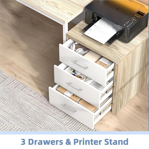 Image of MaverickFurni 67 inch Home Office Desk with 3 Drawers, Reversible Computer Desk with Moniter Stand and Printer Shelf, Gaming Desk with LED Lights, White and Walnut