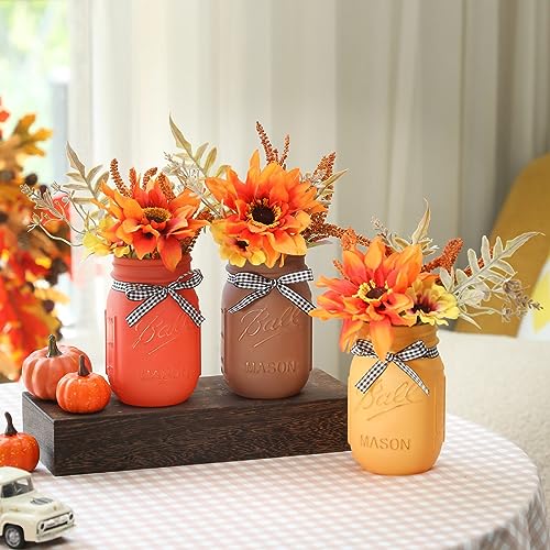 Fall Mason Jar Centerpiece for Table with Wood Tray & Artificial Flowers, Set of 3 Mason Jars Farmhouse Decor Painted Decorative Jars for Thanksgiving Home, Kitchen Coffee Table Centerpiece - Image 5