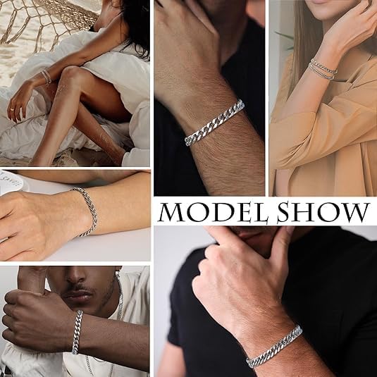 2 PCS Silver Bracelet for Men Chain, Metal Curb Width Cuban Link Chain Bracelet for Gift to Men Dad Husbands Boyfriends - Image 6