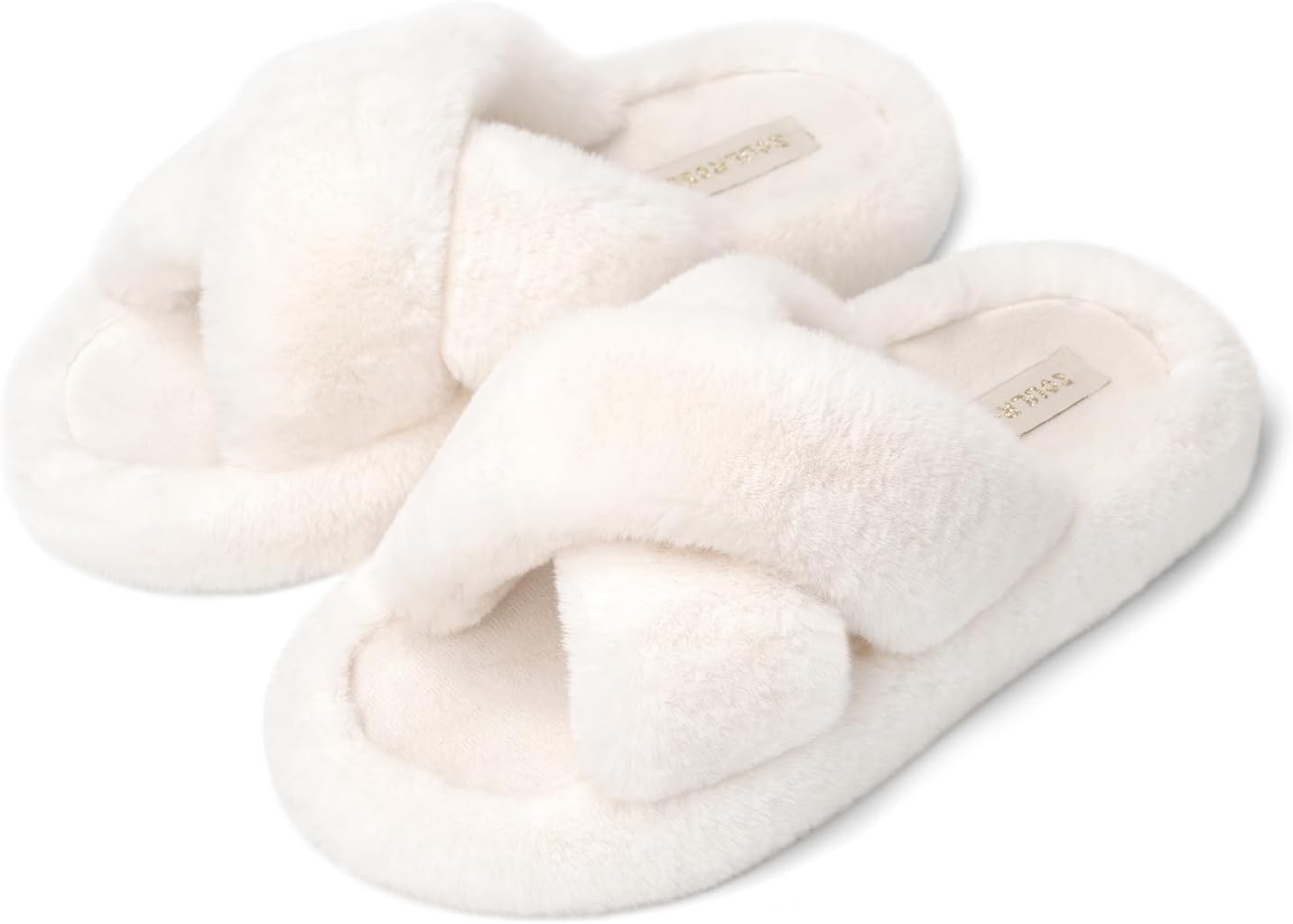 soulrose womens slipper open toe fuzzy house slippers for woman platform indoor outdoor cross band slippers with anti-slip sole furry bedroom memory foam gift shoes 6 off-white