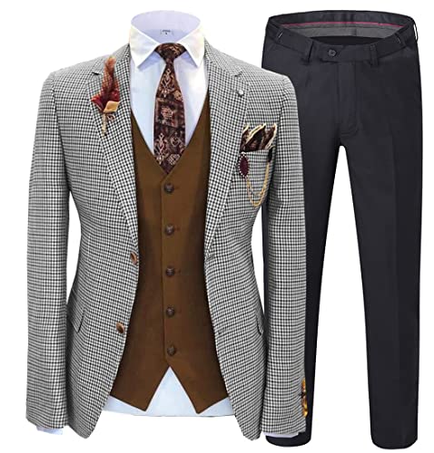 JinXuanYa Men's Suit Formal 3 Pieces Slim Fit Shawl Lapel Plaid Soft Wool Grey Tuxedos Wedding Groomsmen