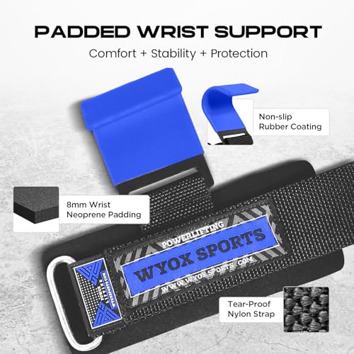 Image of WYOX Weight Lifting Hooks for Men & Women - Heavy Duty Gym Hooks with 8mm Padded Wrist Support Grips to Lift Heavier, Reduce Grip Fatigue & Improve Performance for Deadlifts, Pull Ups & Rows, Pair of 2