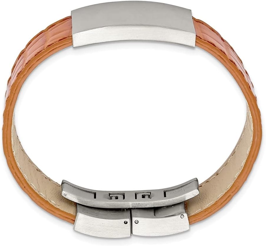 Real Stainless Steel Men's Textured Light Brown Leather 8in ID Bracelet Engravable Identification Name Bar Tag 8"