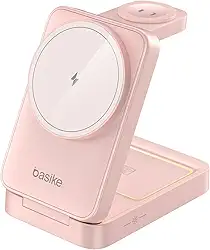 Basike Carregador Sem Fio 3 em 1 Magnético 2025, Estação de Carregamento Portátil com Luz Noturna, Dobrável e Compatível com MagSafe, iPhone 16/15/14/13/12, Apple Watch e AirPod (Ouro rosa)
