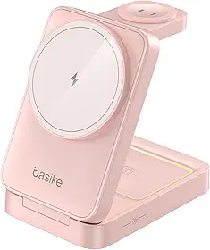 Basike Carregador Sem Fio 3 em 1 Magnético 2025, Estação de Carregamento Portátil com Luz Noturna, Dobrável e Compatível com MagSafe, iPhone 16/15/14/13/12, Apple Watch e AirPod (Ouro rosa)