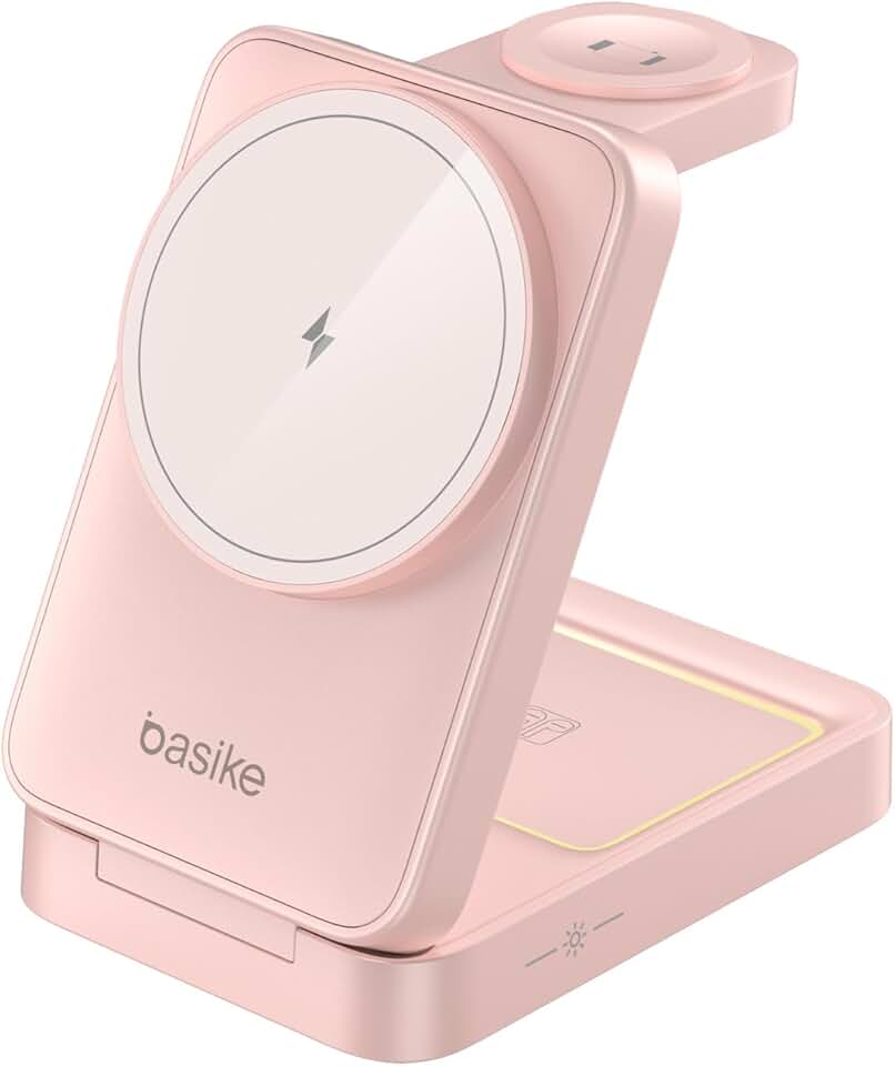 Basike Carregador Sem Fio 3 em 1 Magnético 2025, Estação de Carregamento Portátil com Luz Noturna, Dobrável e Compatível com MagSafe, iPhone 16/15/14/13/12, Apple Watch e AirPod (Ouro rosa)