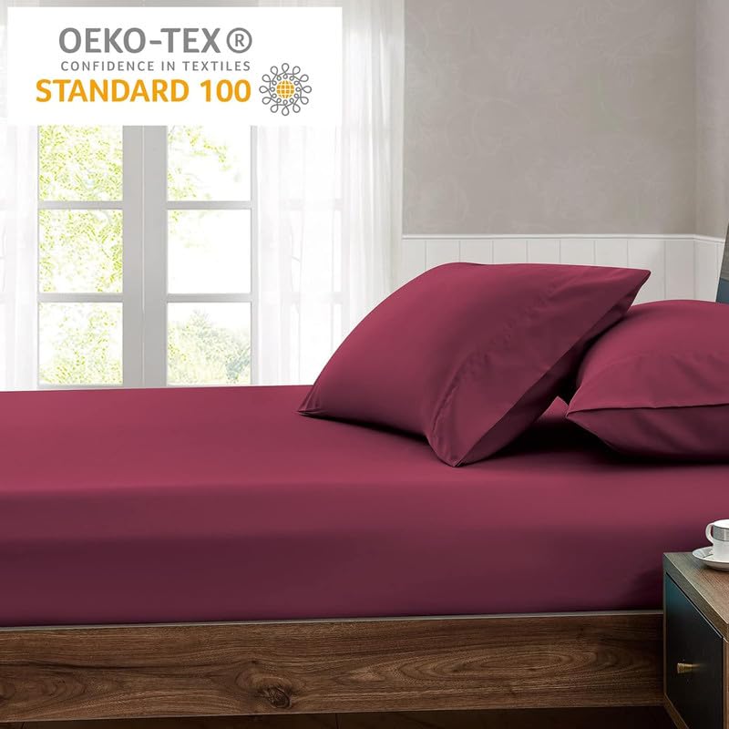 Image of Amazon Brand - Umi Cotton Feel Glace Cotton Fade Resistant Elastic Fitted Queen Size Bed Bedsheet with 2 Pillow Covers Fits Upto 8 inches Mattress, Size- 60x78x10 Inches, Maroon