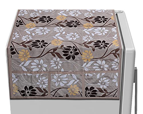 Image of Kuber Industries Floral Print Fridge Cover With Side Pockets|Fridge Top Cover|Refrigerator Cover|Washable Cotton Material|6 Utility Pockets (Beige)