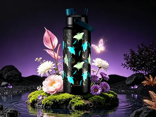 Image of POWCAN 40 oz Insulated Water Bottle with 2-in-1 Straw and Spout Lid, Glow-in-the-Dark, 24H Cold, Leakproof, BPA-Free, Double Wall Stainless Steel for Sports, Gym, Travel, and School (Gilded Flutter)