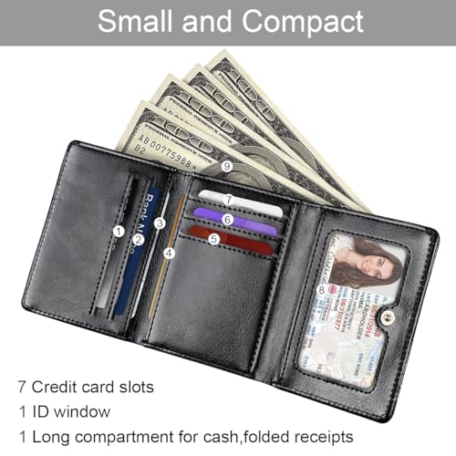 Image of Trifold Small RFID Blocking Wallet Pocket Cute Short Slim Sparkling Credit Card Holder Leather Keychain Ladies Mini Purse with ID Window, Glitter Black