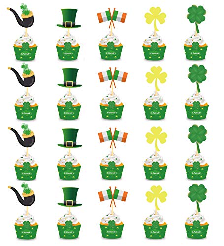 St Patrick's Day Cupcake Toppers Wrappers Set, 20pcs Shamrock Cupcake Toppers Green Top