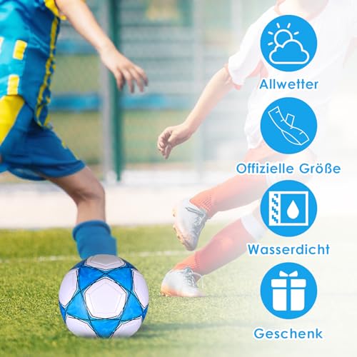 Professioneller FußBall Leder Größe 5 Anti-Luftaustritt Professioneller Fußball Leder Kinder, Offizieller Training Fusball, Wasserdicht Ball Wettbewerb für Kinder Jugendliche Erwachsene (Weiß-Blaue)