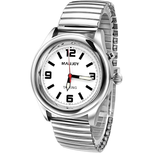 MAUJOY Montre Parlante pour Hommes(Bracelet à Ressort Plaqué Argent et Argenté) Chiffres Surdimensionnés - Idéale pour Séniors, Malvoyants et Personnes...