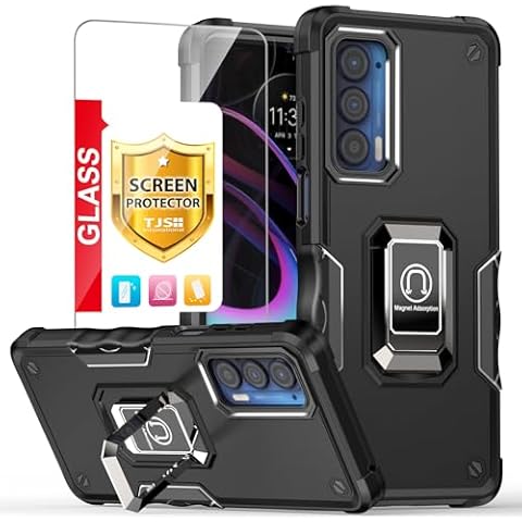 TJS for Motorola Moto Edge 2021 Case, Moto Edge 5G UW Case, with Tempered Glass Screen Protector, [Military Grade] Heavy Duty Protective Cover, Magnetic Support Ring Kickstand Phone Case (Black) Cover