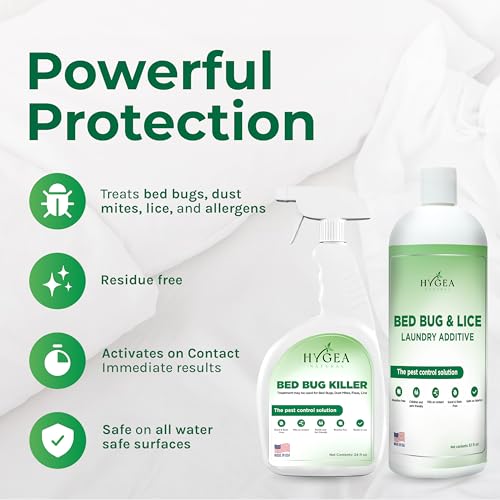 Image of Hygea Natural Bed Bug & Lice Elimination Combo Kit - Includes 24 oz lice & Bed Bug Spray and 32 oz Lice & Bed Bug Laundry Additive - Gentle Formula | Includes spray, laundry additive, and /or refill. Child, Pet and Eco Friendly Odorless Formula