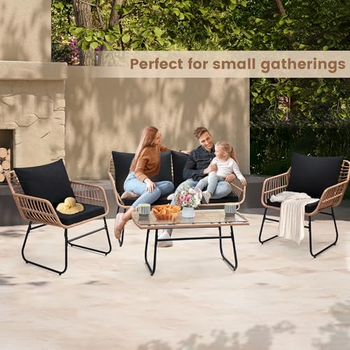 Image of Kromax 4-Piece Patio Bistro Outdoor Furniture Set, Natura /Black | Outdoor All-Weather Wicker Furniture Chairs and Side Table Set, Ideal for Balcony, Porch and Backyard