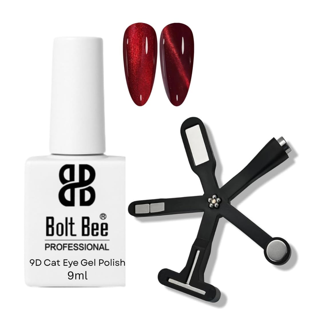 Bolt Bee 9D Cat Eye Gel Nail Polish, 9ml, Blue Glitter Professional UV LED Soak Off with 6 in 1 Magnet for Salon and Home DIY Manicure (Red)-image-7
