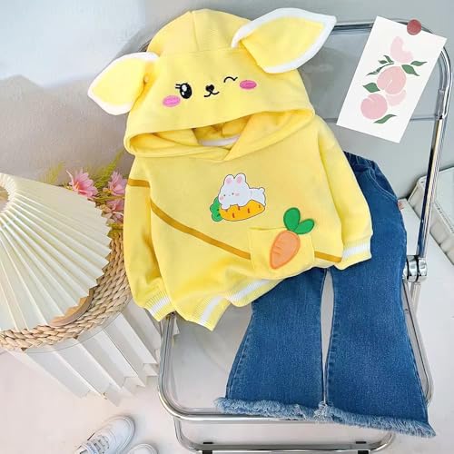 Image of Bold N Elegant Girl's Denim Solid Full Sleeve Bunny Print Sweatshirt Hoodie And Jeans With Frayed Hem