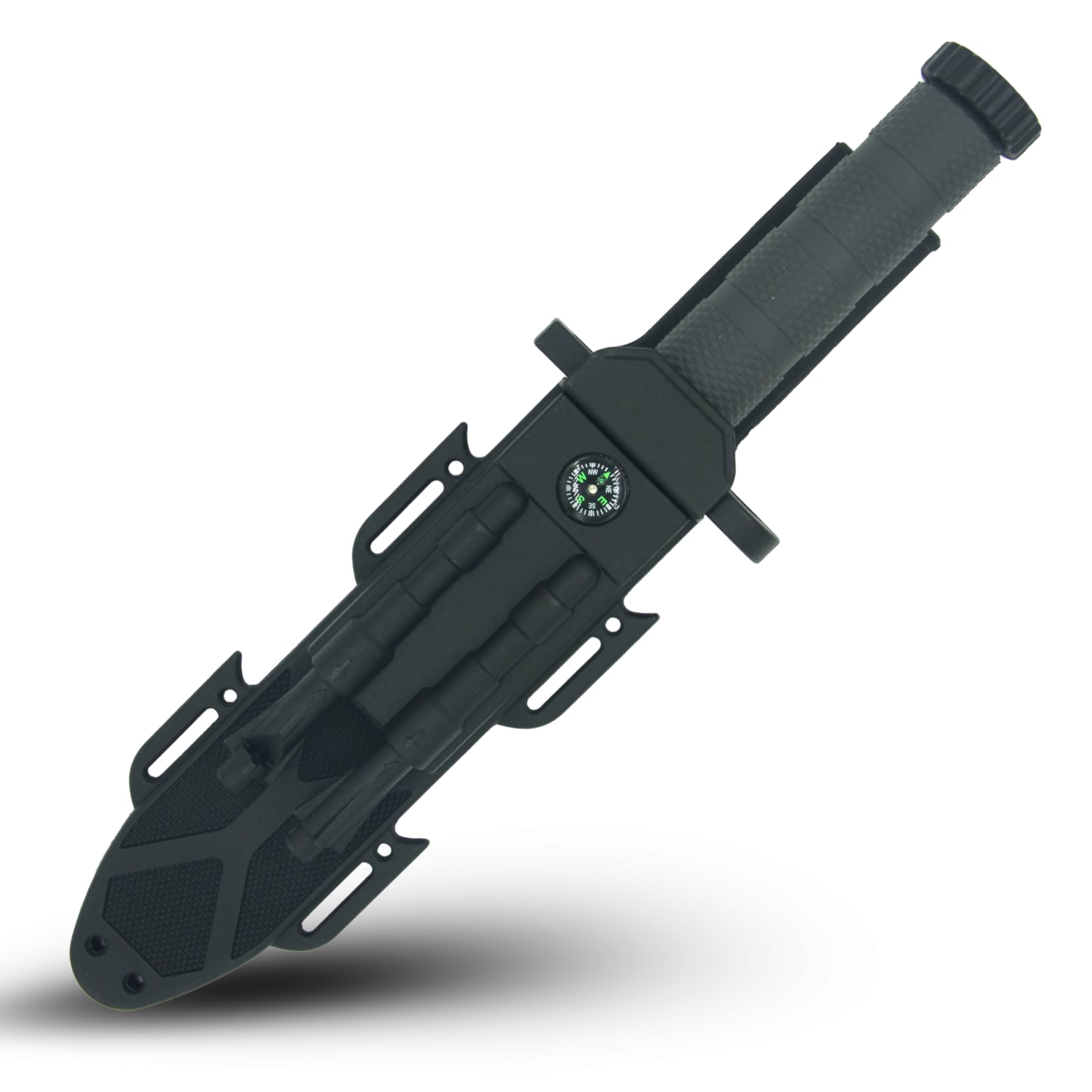 Generico Coltello Sopravvivenza con Lama da 19 cm in Acciaio Inossidabile, Manico Grigio e Fodero in ABS, Accendifuoco, Fischietto e Pietra per Affilare – Ideale per Campeggio, Caccia e Bushcraft