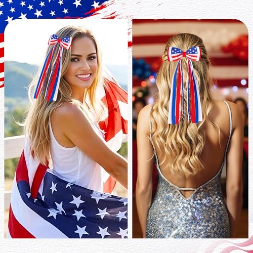 4th of July Patriotic Hair Bows for Girls - Red White Blue Hair Clips with Sparkly Sequin Tail - USA Flag Star Stripe Cheer Hair Accessories for Independence Day, Parade & Fireworks Party Supplies — view 5