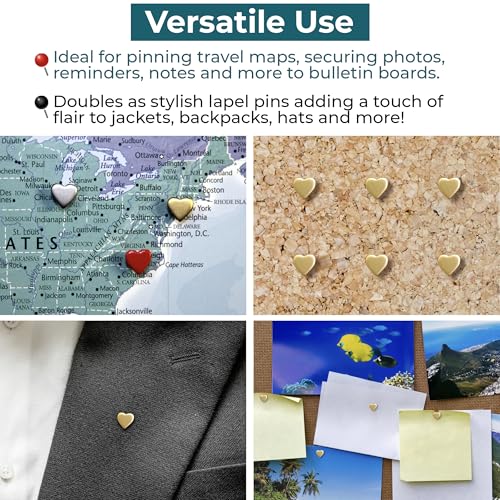 Image of Mini Gold Heart Push Pins - Mini Gold Metal Heart Map Pins - for Cork Board, Maps, or Lapel Pin Use - Designed in USA - Set of 10