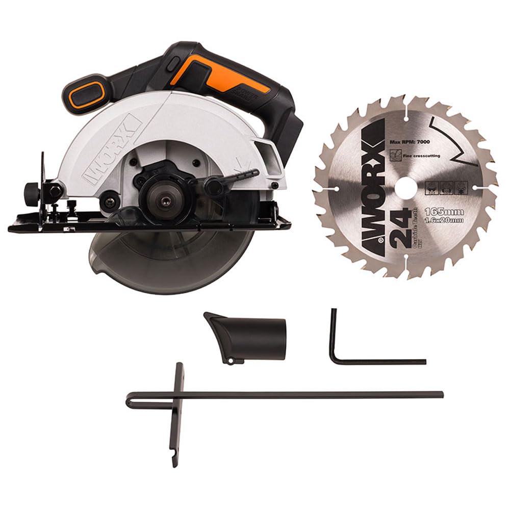 WORX WX526.9 Sega circolare a batteria 20 V – 165 mm – angolo di inclinazione 0 – 50° regolazione senza attrezzi – 55 mm taglio massimo (90°) – design compatto – adattatore di aspirazione – senza