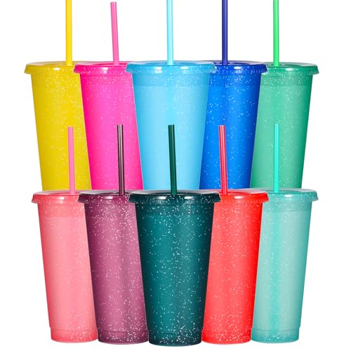 Suertestarry Tumbler with Straw and Lid,Water Bottle Iced Coffee Travel Mug Cup,Reusable Plastic Cups,Perfect for Parties,Birthdays,24oz-10 Pack (10 Pack Glitter, 10 pack)