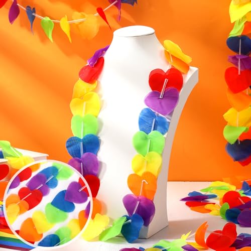 Image of HunnmingRe 100 Pcs Rainbow LGBT Pride Accessories Rainbow Heart Banner Leis Progress Garland LGBTQ Gay Neck Loop Pride Month Floral Decorations for Parade Tropical Hawaiian Luau Party Decorations