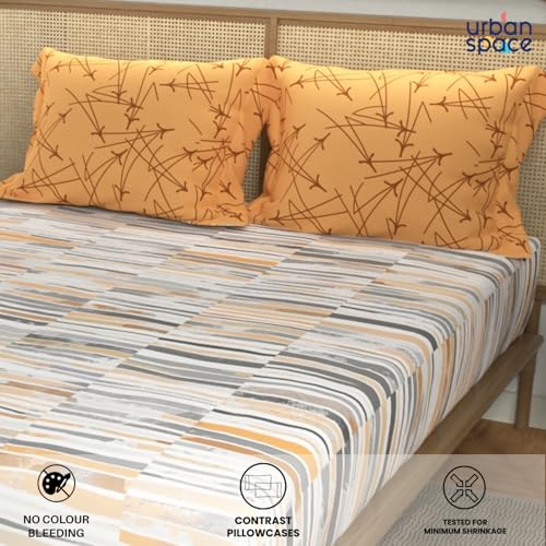 Image of Urban Space Divine 144 TC 100% Cotton Printed Fitted Bedsheet King Size with 2 Pillow Covers, Size 78 inch x 72 inch, Stripes Mustard