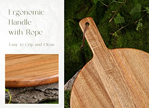 Luomal Round Wood Cutting Board With Handle, 12" Acacia Wooden Serving Board For Kitchen, Cheese Charcuterie Board For Meat, Bread, Pizza, Vegetables & Fruits (Gift Box Included) #TOP1